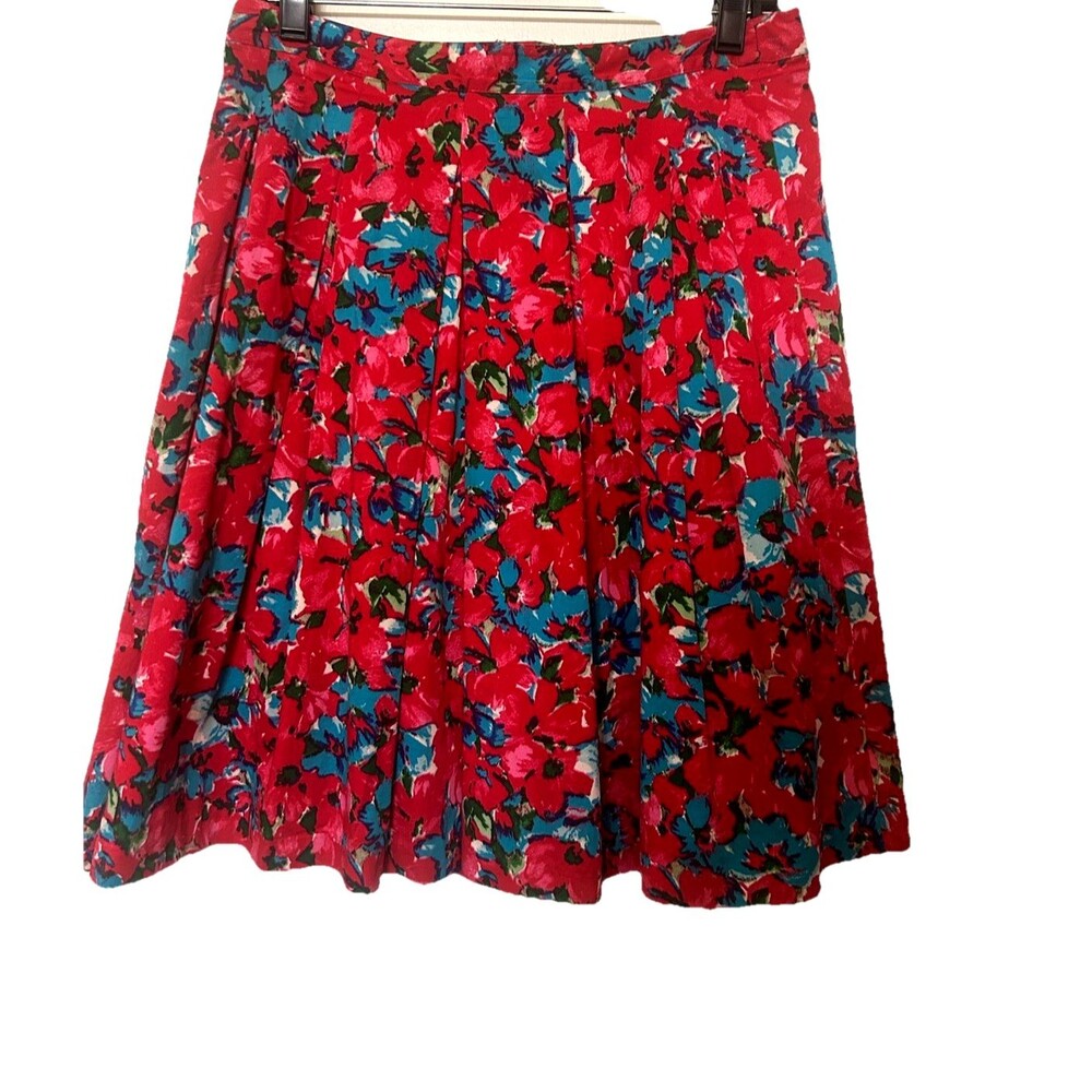 Talbots Womens Petite 4P Red Blue Floral A Line Pleated Lined Knee Length Skirt